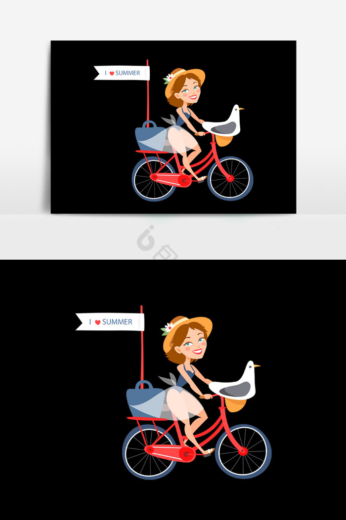 自行车女孩插画图片