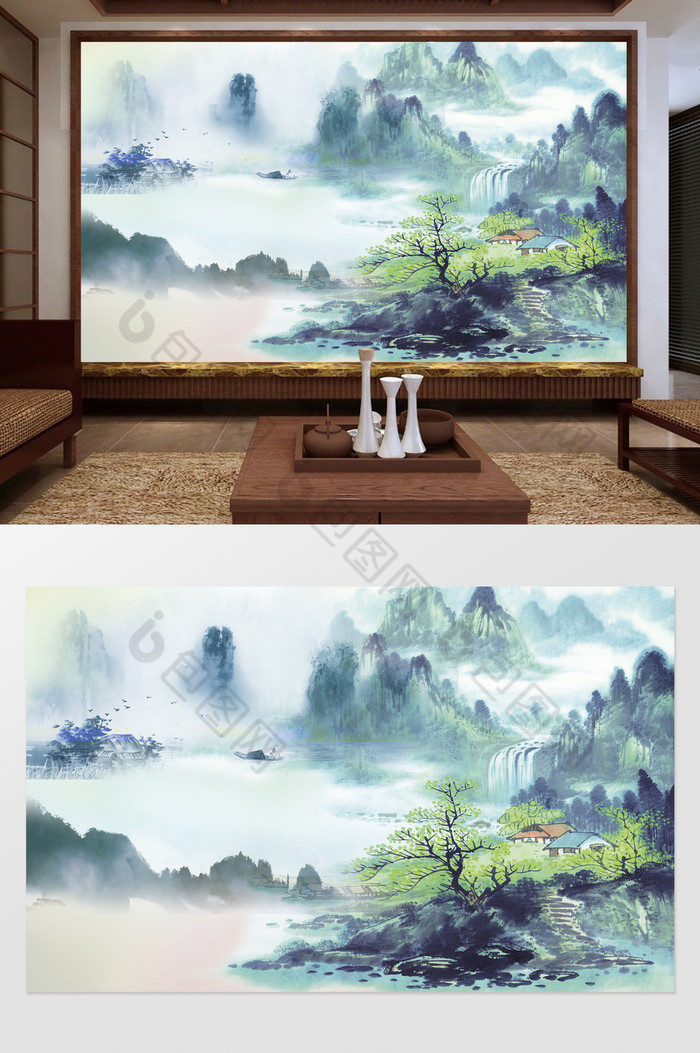 清新创意新中式山水电视背景墙图片图片