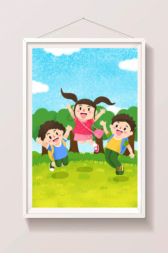 暑假暑期生活户外运动儿童开心森林草地插画