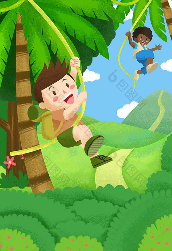 绿色可爱儿童暑期生活夏令营丛林探险插画