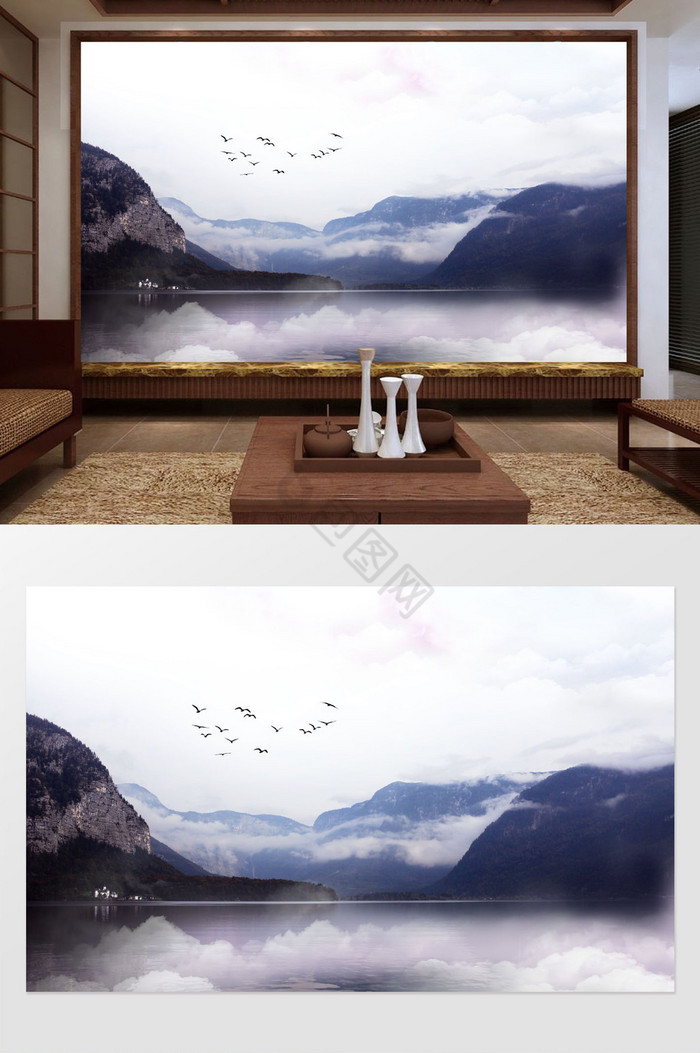 中式简约大气禅意山水日出背景墙图片