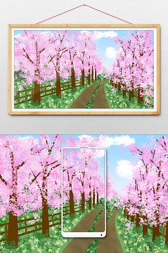粉色花树长廊插画图片