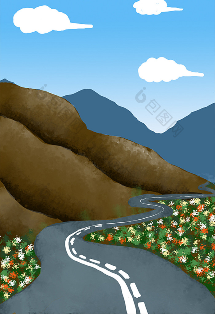 山间公路鲜花场景插画