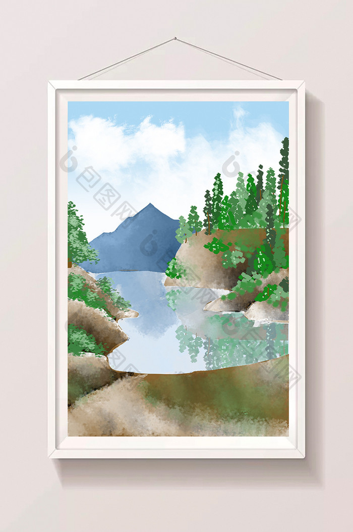 手绘山林湖泊风景插画