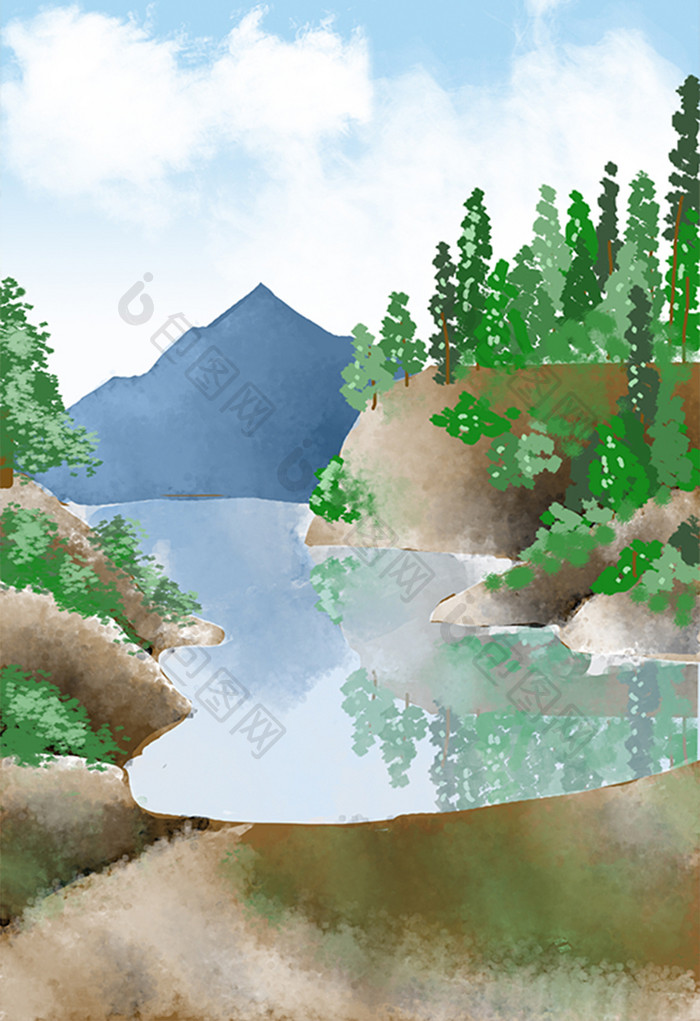 手绘山林湖泊风景插画