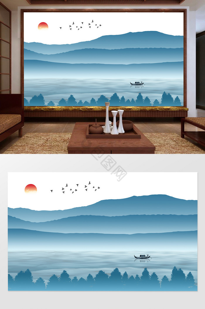 新中式蓝色山水飞鸟意境背景墙图片