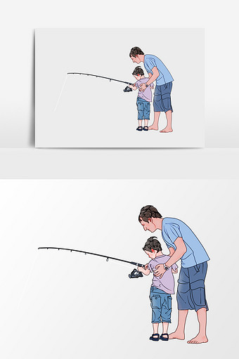 手绘漫画爸爸女儿钓鱼图片