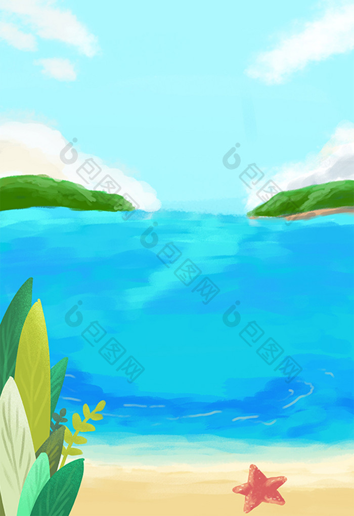 卡通水彩海边植物风景