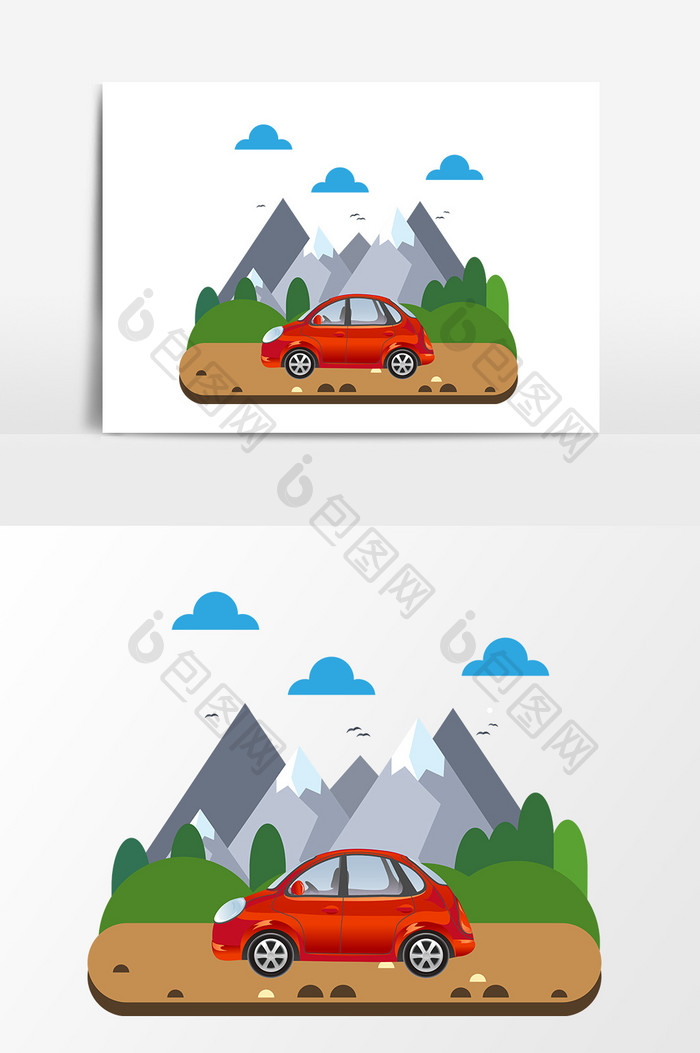 卡通手绘山间小汽车元素图案素材