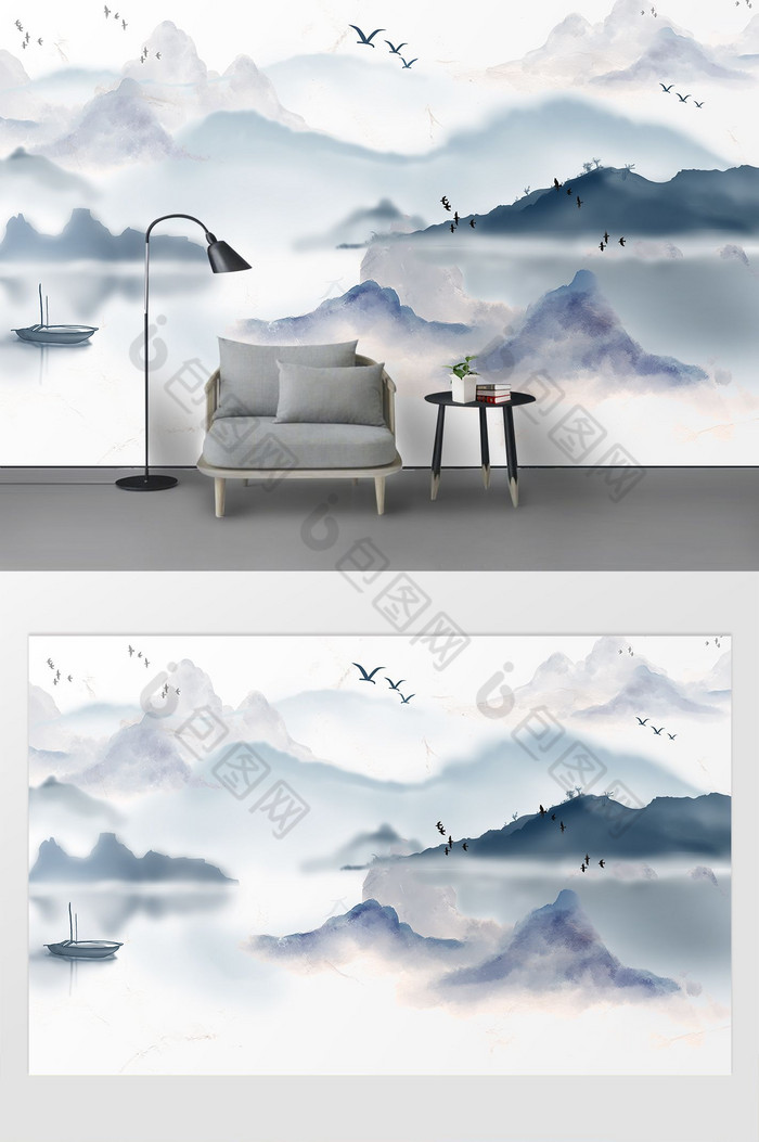 中式水墨意境山水仙鹤电视背景墙图片图片