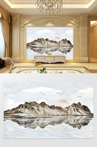 新中式大理石纹理山水画电视背景墙定制图片