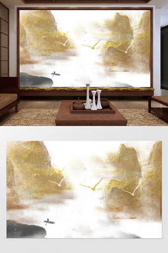 金箔中式中国风水墨山水背景图片