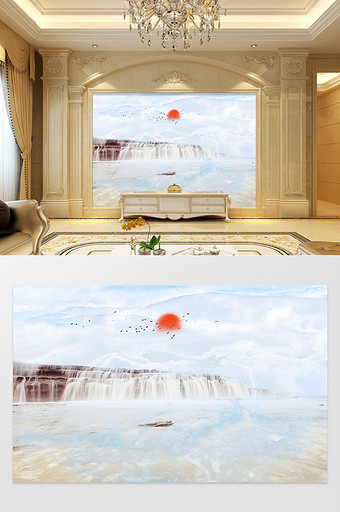 现代简约大理石纹理山水瀑布电视背景墙图片