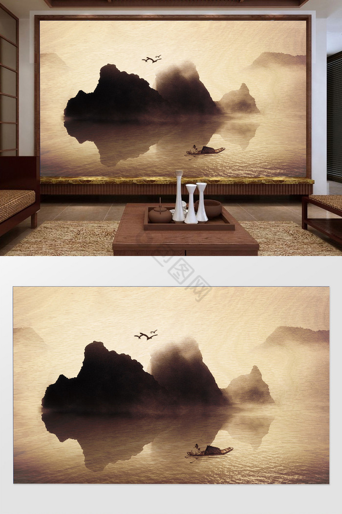 新中式水墨诗意山水飞鸟小舟淡黄背景墙装饰图片