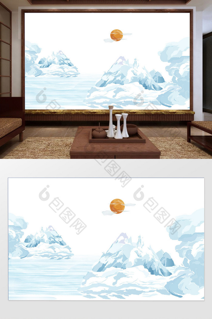 新中式水墨诗意抽象冰山骄阳背景墙装饰定制
