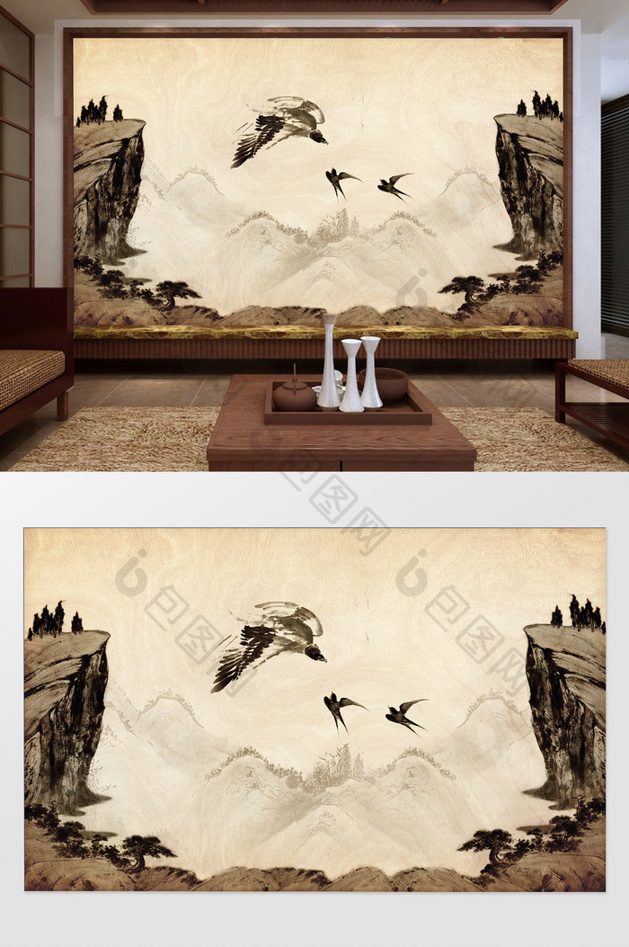 新中式水墨诗意双雀斗鹰背景墙装饰定制