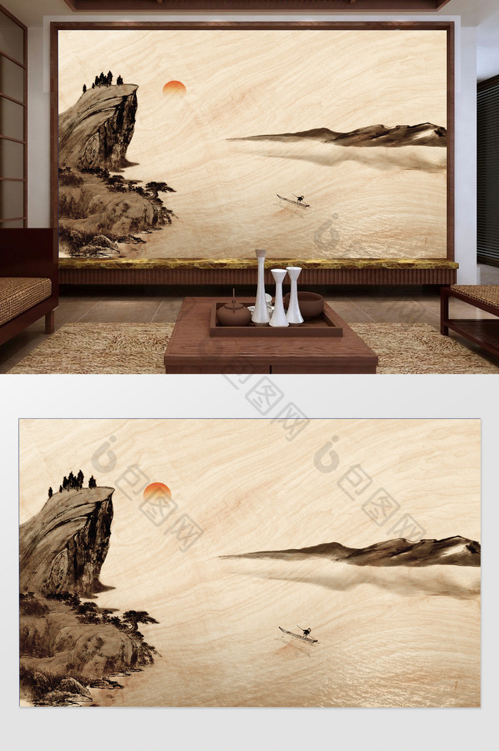 新中式水墨诗意朝阳山水背景墙装饰定制