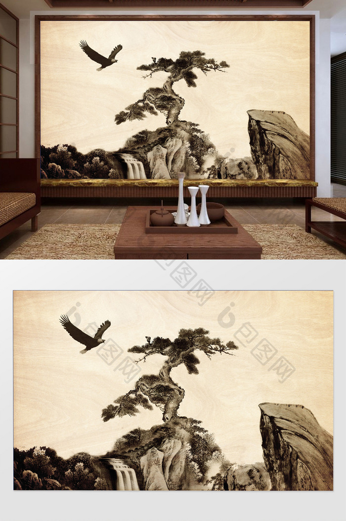 新中式水墨诗意老鹰戏蛇背景墙装饰定制