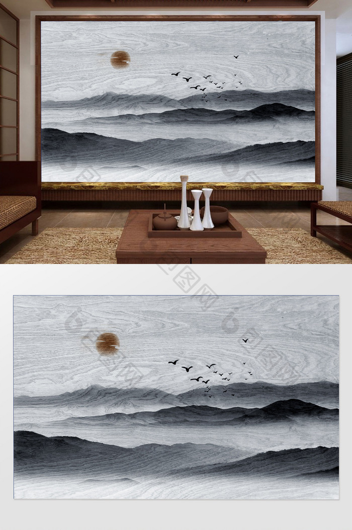 新中式水墨诗意远山群鸟向阳背景墙装饰定制