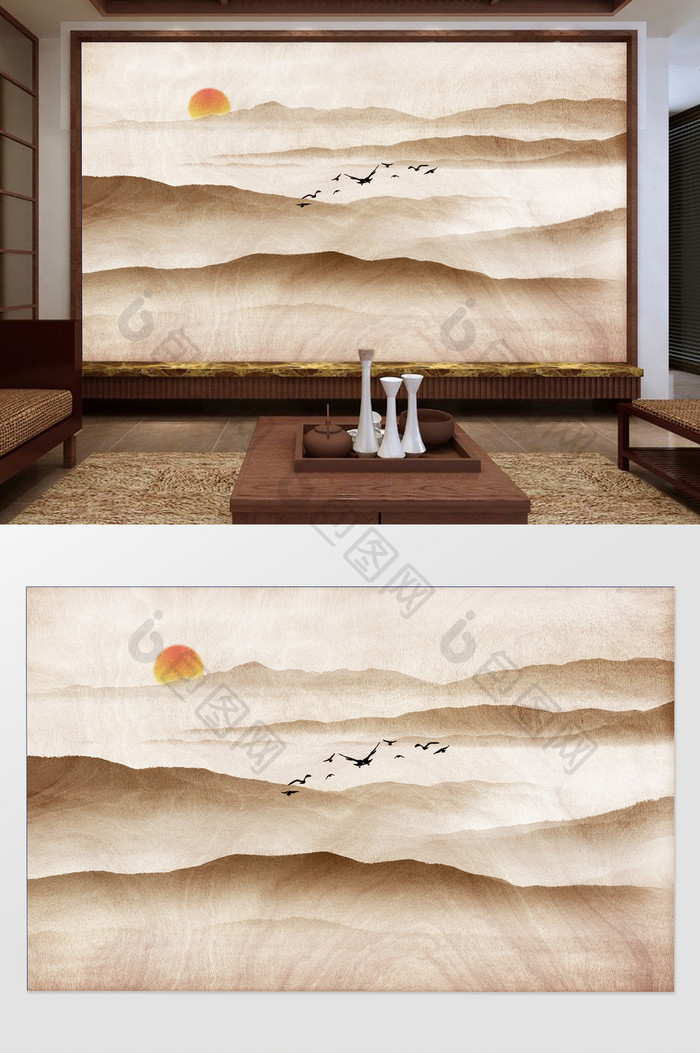 新中式水墨淡黄纹理诗意远山群鸟向阳背景墙