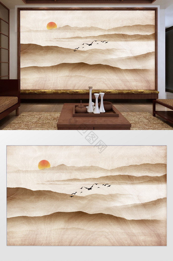 新中式水墨淡黄纹理诗意远山群鸟向阳背景墙图片