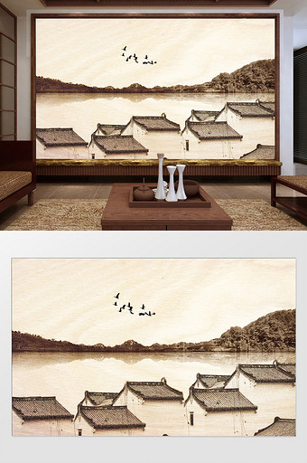 新中式水墨诗意湖心倒影房顶背景墙装饰定制图片