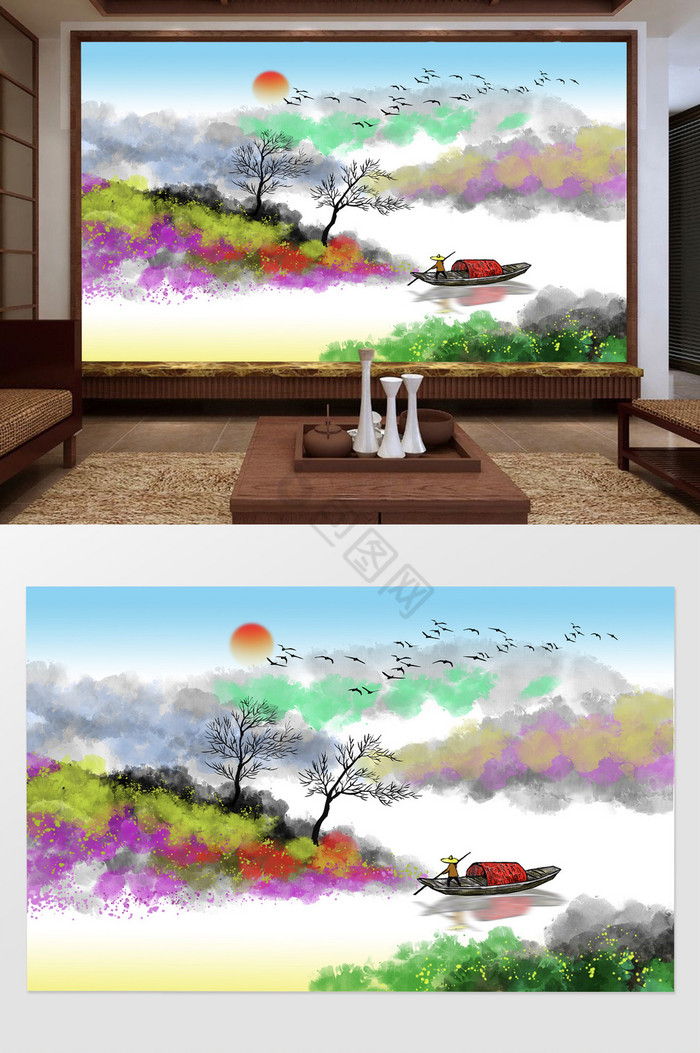 新中式墨韵彩色山水画背景墙图片
