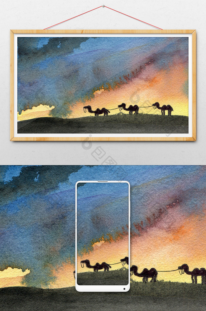 蓝色夏日骆驼素材风景清新水彩手绘背景