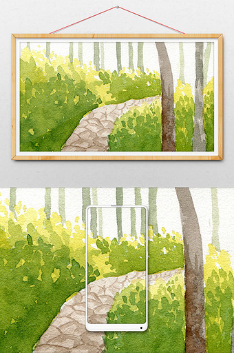 蓝色夏日树林素材风景清新水彩手绘背景图片