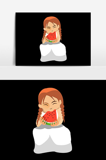 卡通白色裙子女孩吃西瓜图片