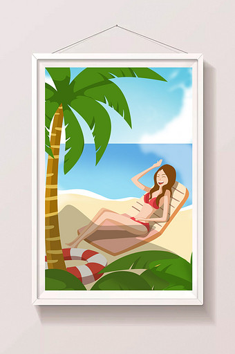 小清新卡通海边晒太阳的女大暑小暑节气插画图片