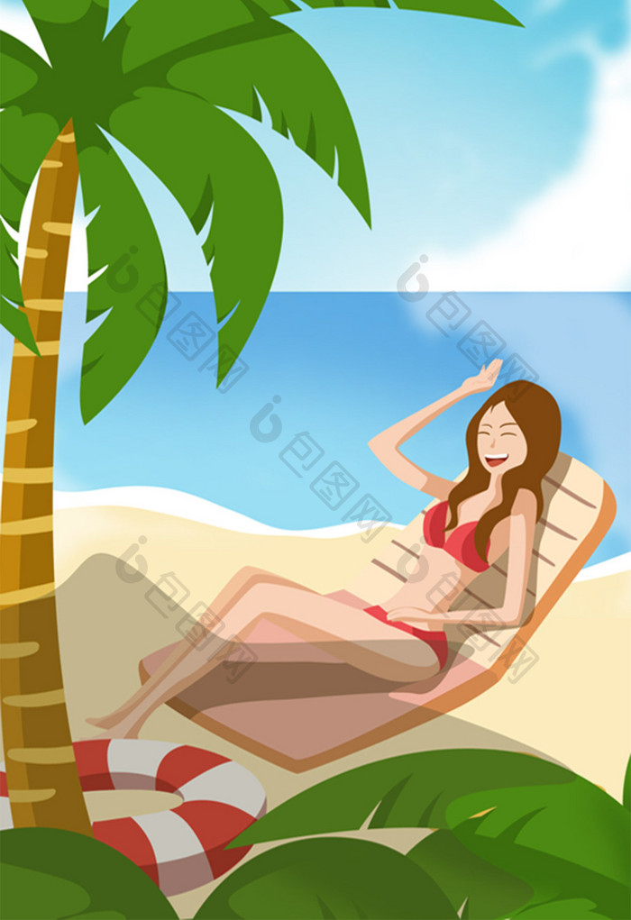 小清新卡通海边晒太阳的女大暑小暑节气插画