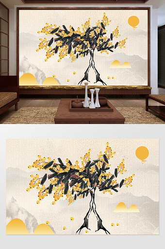 新中式琵琶树山峦中国风定制背景墙图片