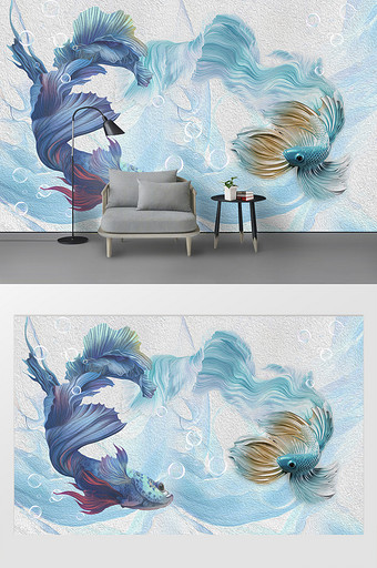 现代油画3D立体抽象青色蓝色孔雀斗鱼背景图片