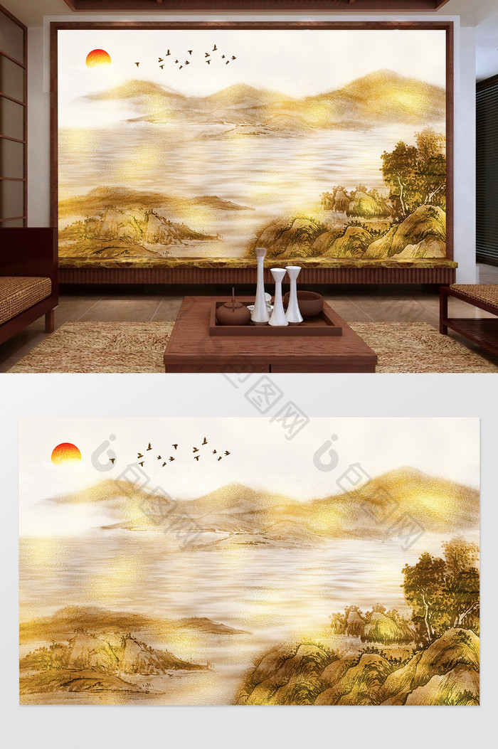 新中式金色山水飞鸟客厅电视背景墙