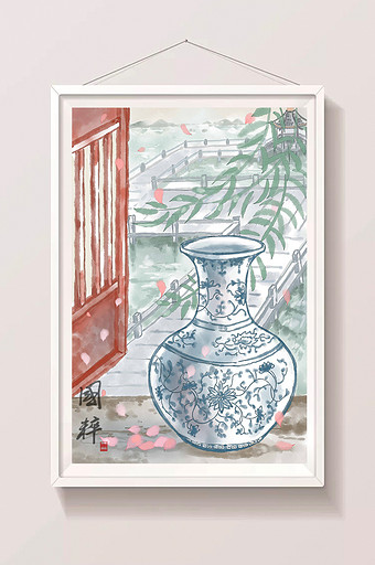 清新简约唯美中国传统水墨青花瓷插画图片