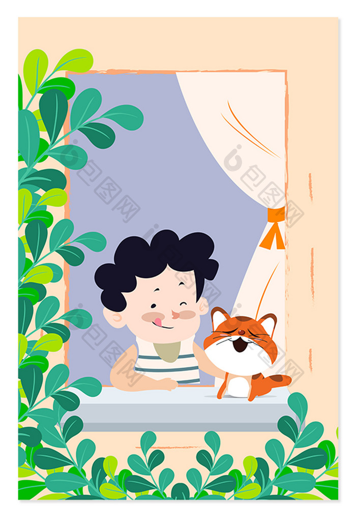 手绘可爱小男孩猫咪窗边风景清新海报背景