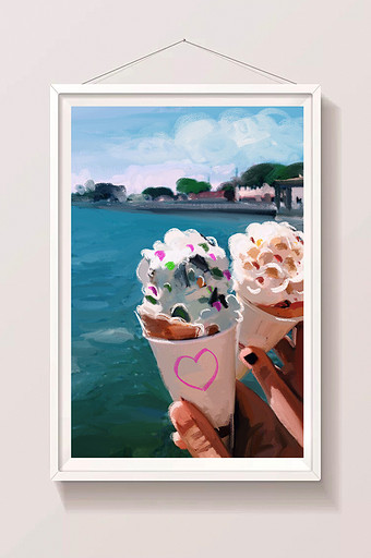 蓝色油画夏季冰淇淋情侣爱情插画图片