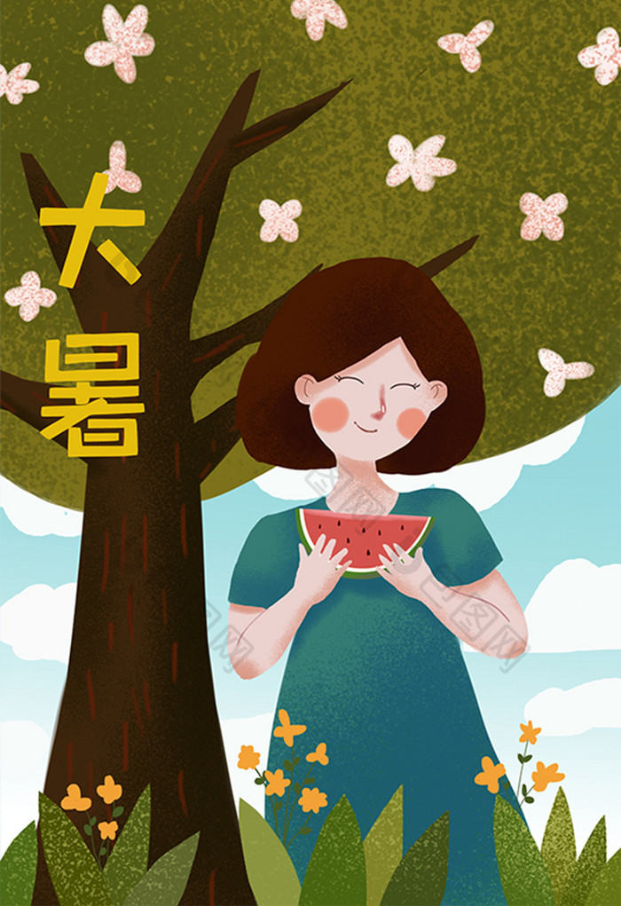 简约唯美清新大暑节气夏日少女西瓜手绘插画