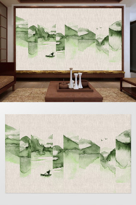 新中式山水风景屏风式写意背景墙