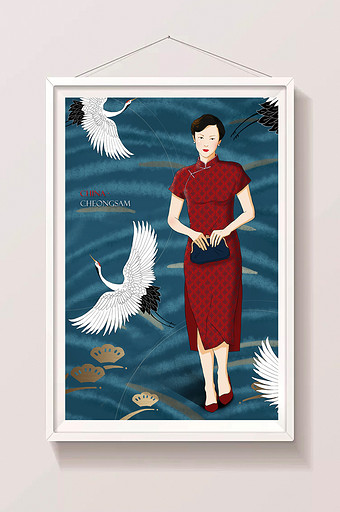 红衣旗袍中国传统女性中国传统文化风格插画图片