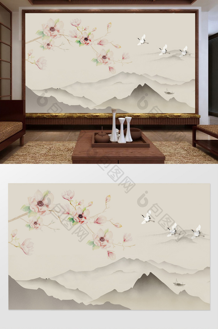 新中式手绘桃花飞鹤写意背景墙