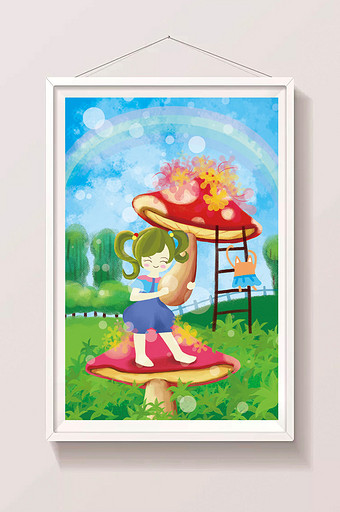 清新夏日夏至手绘小女孩采蘑菇玩耍插画图片