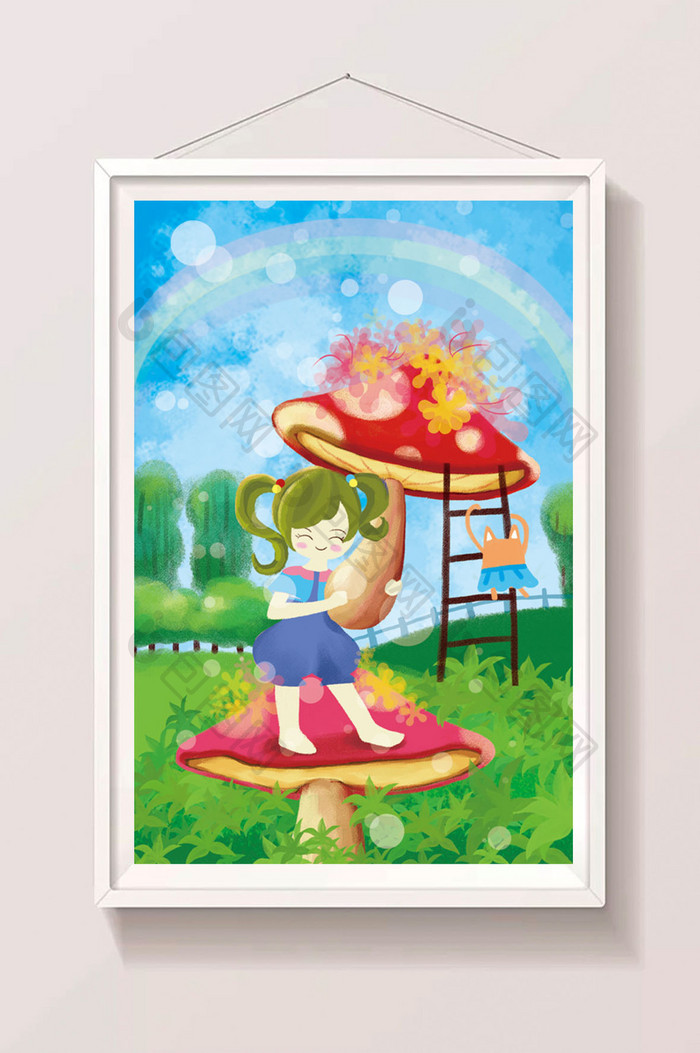 清新夏日夏至手绘小女孩采蘑菇玩耍插画