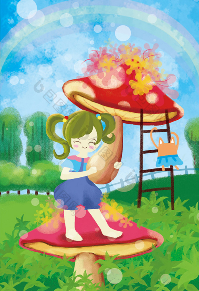 清新夏日夏至手绘小女孩采蘑菇玩耍插画