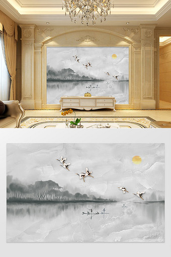风景写意山水飞鸟渔船大理石背景墙图片