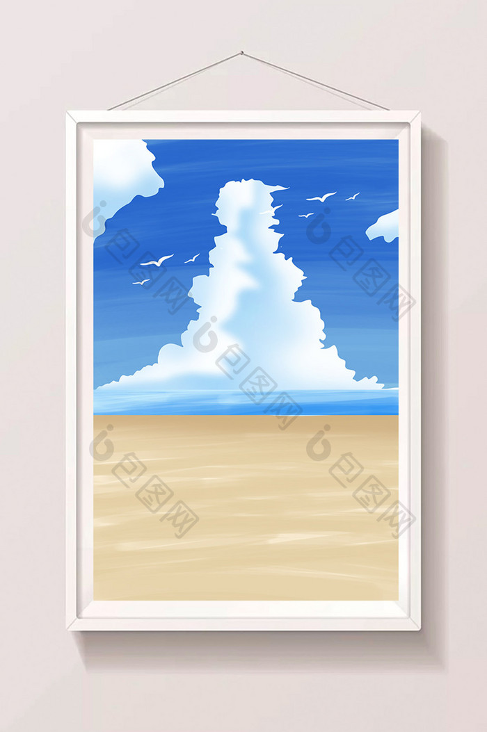 手绘卡通沙滩海边蓝天白云