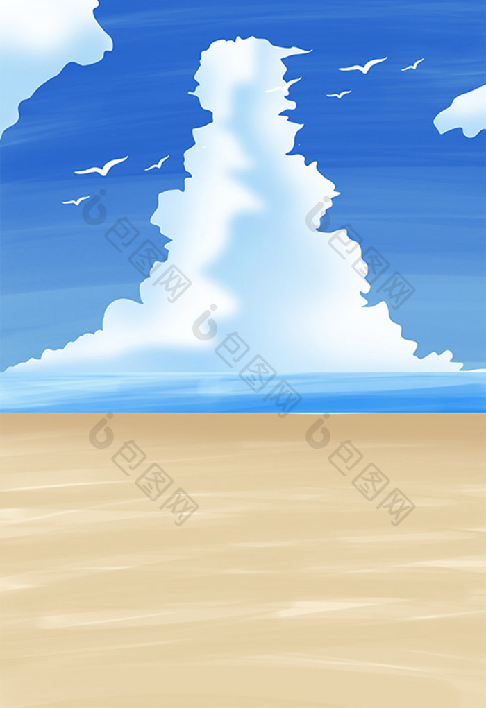 手绘卡通沙滩海边蓝天白云