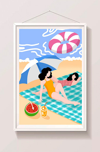 扁平化夏季海边沙滩闺蜜插画图片