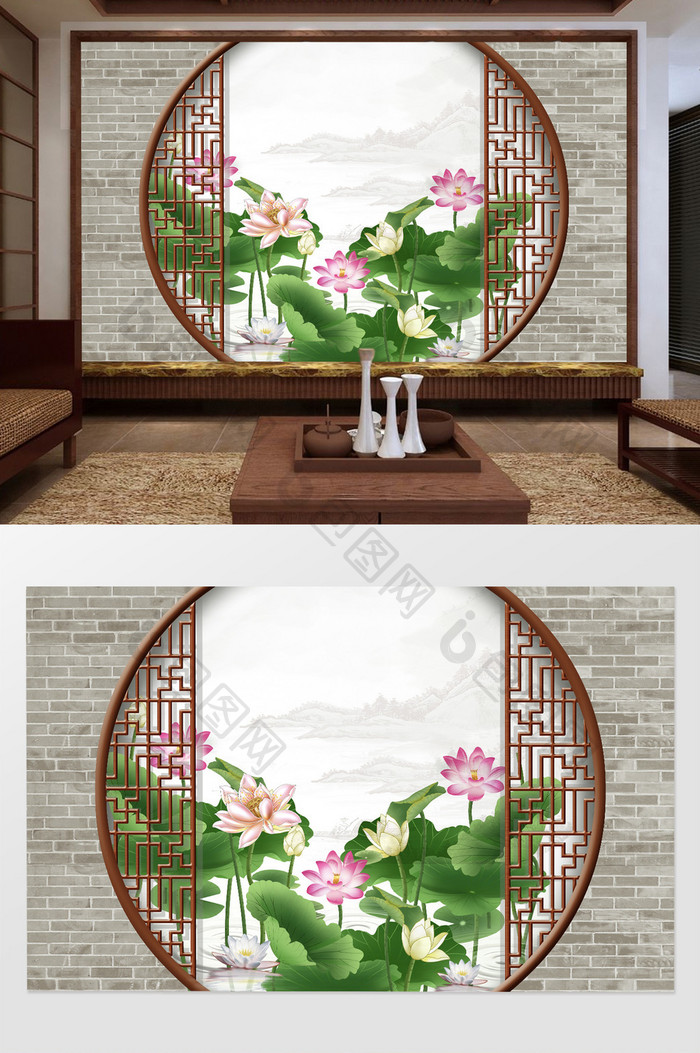 中式曲院风荷荷花框景背景墙